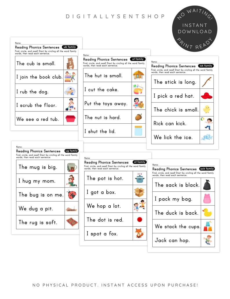 May include: A collection of printable phonics worksheets for early readers. Each sheet features sentences with words from the "ub", "ut", "ick", "ug", "ot", and "ack" word families, accompanied by illustrations. The worksheets are designed for instant download.