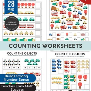 May include: A set of 28-page counting worksheets for early math success. The pages feature colorful illustrations of vehicles, including cars, buses, and trucks, designed to help children learn to count and write numbers.
