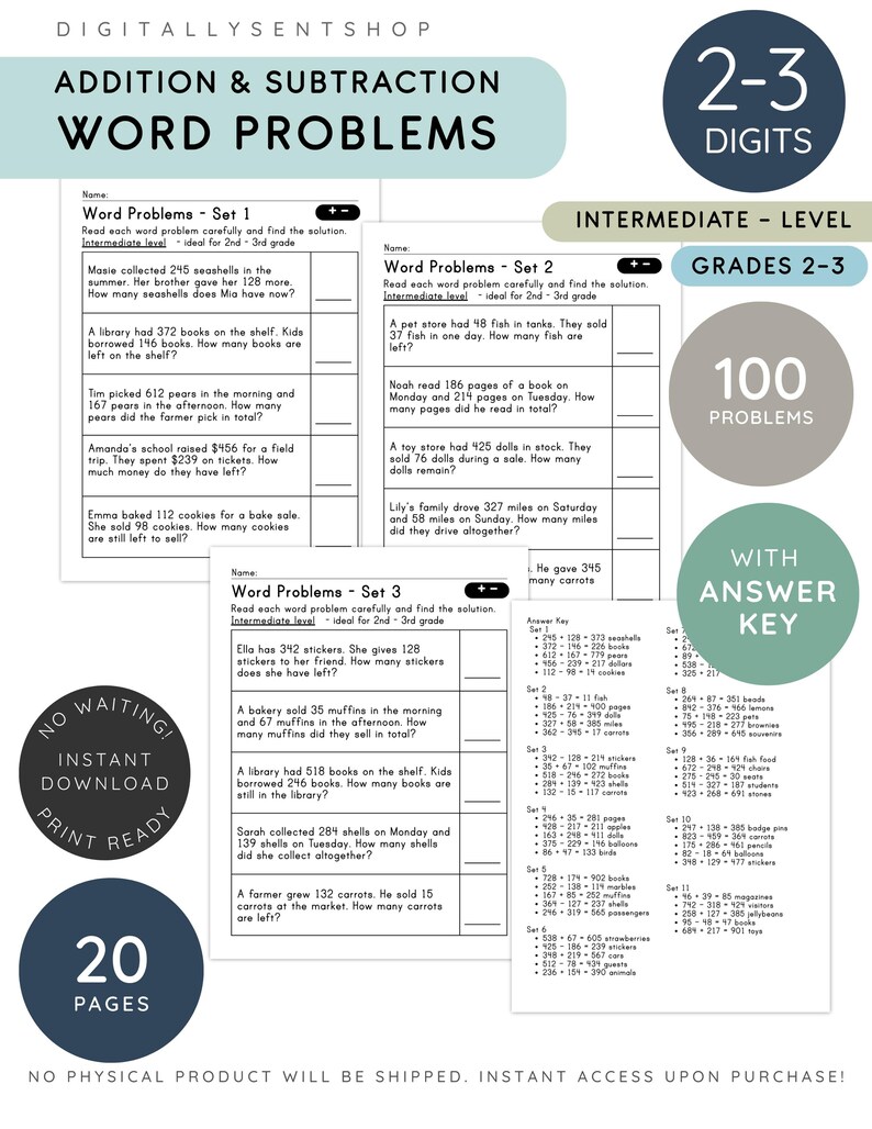 Addition and Subtraction Word Problems Worksheets | 2-3 Digit Math ...