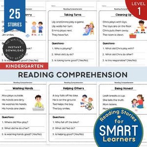 May include: A set of kindergarten reading comprehension worksheets featuring 25 stories, level 1. Each page includes a short story with illustrations and three questions. Titles include Taking Turns, Cleaning Up, Washing Hands, Helping Others, and Being Honest.