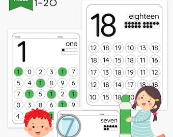 Anzahl Dab It Arbeitsblätter | Zahlen 1–20 Dot Marker Aktivitäten | 20 Seiten PDF + PNG Bundle | Vorschule, Kindergarten, Hausschule druckbar