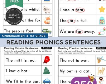 250 Learn to Read CVC Word Family Sentences Workbook, Phonics Sentences, Reading Fluency, Kindergarten Literacy, Sight Word Practice PDF PNG
