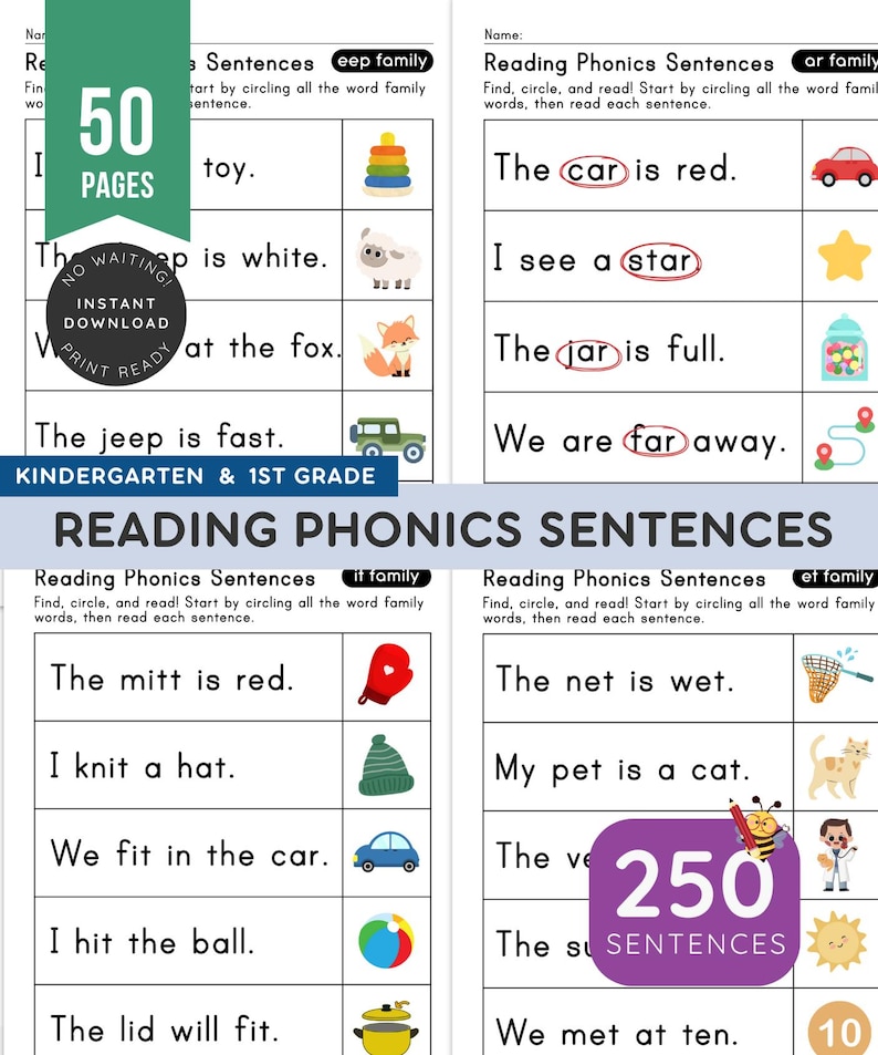 250 Learn to Read CVC Word Family Sentences Workbook, Phonics Sentences, Reading Fluency, Kindergarten Literacy, Sight Word Practice PDF PNG image 1