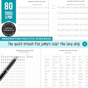 以下が含まれることがあります： 80ページと3つのPDFを含む手書き練習ワークブック。画像には、小文字、大文字と小文字、およびよく使われる単語の手書き練習シートが表示されています。「The quick brown fox jumps over the lazy dog」というテキストが表示されています。