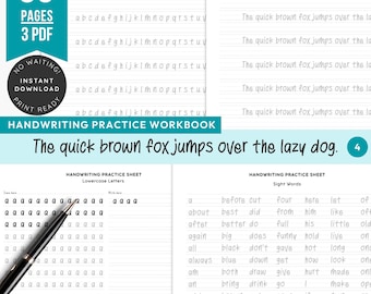 Spaß druckbare Handschrift Arbeitsmappe | 3 PDF-Set mit Großbuchstaben, Kleinbuchstaben und vollständigem Übungspaket | ABC, Wörter, Sätze | Erwachsene, Kinder
