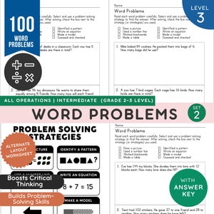 Pode incluir: Folha de trabalho educacional intitulada "Problemas de palavras" com problemas de matemática para as séries 2-3. A folha de trabalho inclui estratégias de resolução de problemas e uma chave de respostas.