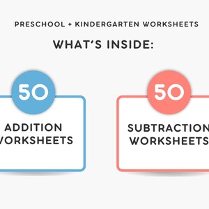 Może przedstawiać: Preschool + Kindergarten Worksheets. What's inside: 50 arkuszy z dodawaniem w niebieskiej ramce i 50 arkuszy z odejmowaniem w koralowej ramce. Pionowa kolumna kolorowych, zaokrąglonych kształt&oacute;w znajduje się po prawej stronie na białym tle.