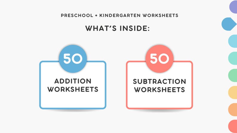 Może przedstawiać: Preschool + Kindergarten Worksheets. What's inside: 50 arkuszy z dodawaniem w niebieskiej ramce i 50 arkuszy z odejmowaniem w koralowej ramce. Pionowa kolumna kolorowych, zaokrąglonych kształt&oacute;w znajduje się po prawej stronie na białym tle.