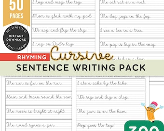 300 Cursive Rhyming Sentences Writing and Handwriting Practice, Copy the Sentences Worksheets, Kindergarten, 1st Grade, 2nd Grade Printables