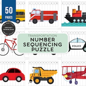 May include: A printable educational activity featuring various transportation vehicles like a school bus, fire truck, ship, bicycle, police car, red car, dump truck, and airplane. The activity is a number sequencing puzzle with 50 pages.