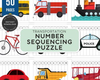 50 Pages Transportation Number Puzzle | Early Learning Sequencing Puzzle | Count 1 to 10 Sequence Game | Educational Cut and Play Activity