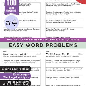 Łatwe zadania tekstowe z mnożenia i dzielenia | Łatwe ćwiczenia matematyczne | 100 zadań | Materiały do nauki w domu do druku | Plik PDF dla klasy 1