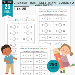 Greater Than Less Than Equal To Worksheets | 25 Page Math Practice Pack | Numbers Up to 25 | 250 Problems | Compare Numbers | PDF + PNG