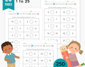 Größer als kleiner als gleich Arbeitsblätter | 25-seitiges Mathe-Übungspaket | Zahlen Bis zu 25 | 250 Probleme | Vergleiche Zahlen | PDF + PNG