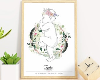 Könnte beinhalten: Ein gerahmter Kunstdruck mit einer Strichzeichnung eines Babys, umgeben von einem floralen Kranz. Das Baby trägt einen Blumenkranz. Der Druck enthält den Namen "Julia" und Geburtsdetails. Ein "DIGITAL FILE"-Etikett befindet sich oben links.