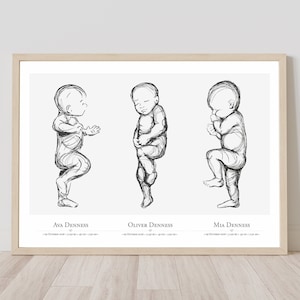 Trio Baby Poster | Individuelles Geburtsposter | Geschwister Geburtsplakat | Geburtsposter im Maßstab 1:1, digitale Datei