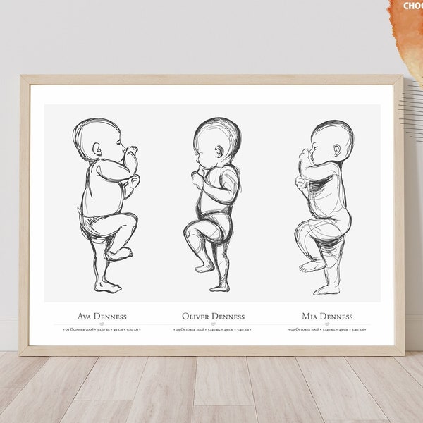 Affiche bébé Trio | Affiche de naissance personnalisée | Affiche de naissance des frères et sœurs | Affiches de naissance à l'échelle 1:1, fichiers numériques