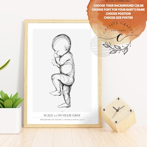 Póster de nacimiento de bebé a escala 1:1 - Ilustración personalizada para recién nacidos para la decoración de la habitación infantil / Póster de bebé personalizado / Archivos digitales