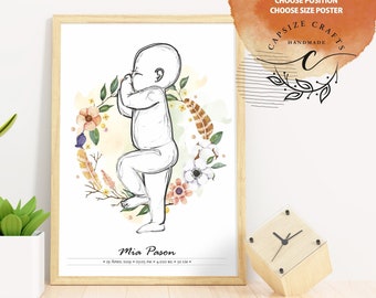 Könnte beinhalten: Ein digitaler, druckbarer Kunstdruck mit einer Linienzeichnung eines Babys in einer Yoga-Pose, umgeben von Aquarellblumen und Federn. Der Text "Mia Pason" und das Datum "19. April 2019" sind im Design enthalten.