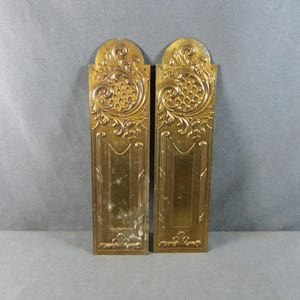 May include: Two antique brass door plates with ornate floral and scrollwork designs. The rectangular plates have a rounded top and a central panel. The brass has a warm, golden hue, with some areas showing signs of age and wear.