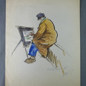 BILS Claude (1883-1968) - Original watercolor portrait of painter Louis CHERVIN ca. 1950