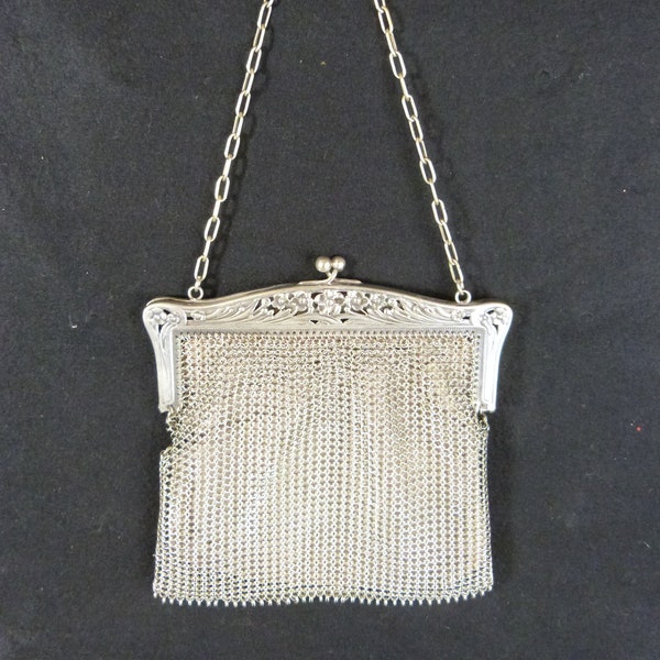 c.1890s Antique Art Nouveau French Silver Mesh Bag Purse Chatelaine 188 grs.