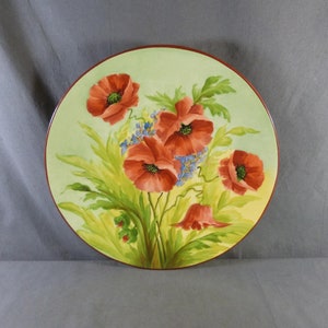 Large Vintage Round Decorative Dish with Hand Painted Poppy Decor