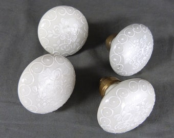 Set of 4 Vintage French Porcelain Door Round Handles Grey Porcelain of Paris