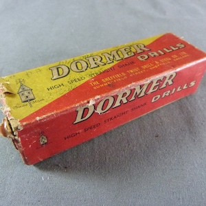 Oude kartonnen reclamedoos, Dormerboren 7,9 m/m, Doos leeg verkocht!