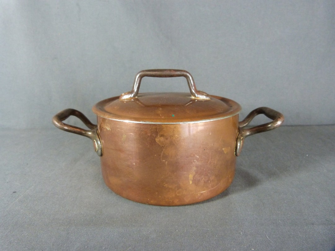 Small French Vintage Copper Rondeau Stock Pot Stew Pan Cast Iron Handle