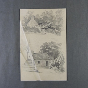 ルネ・プルヴィナージュ (1902-1983) 鉛筆画 田舎の農場