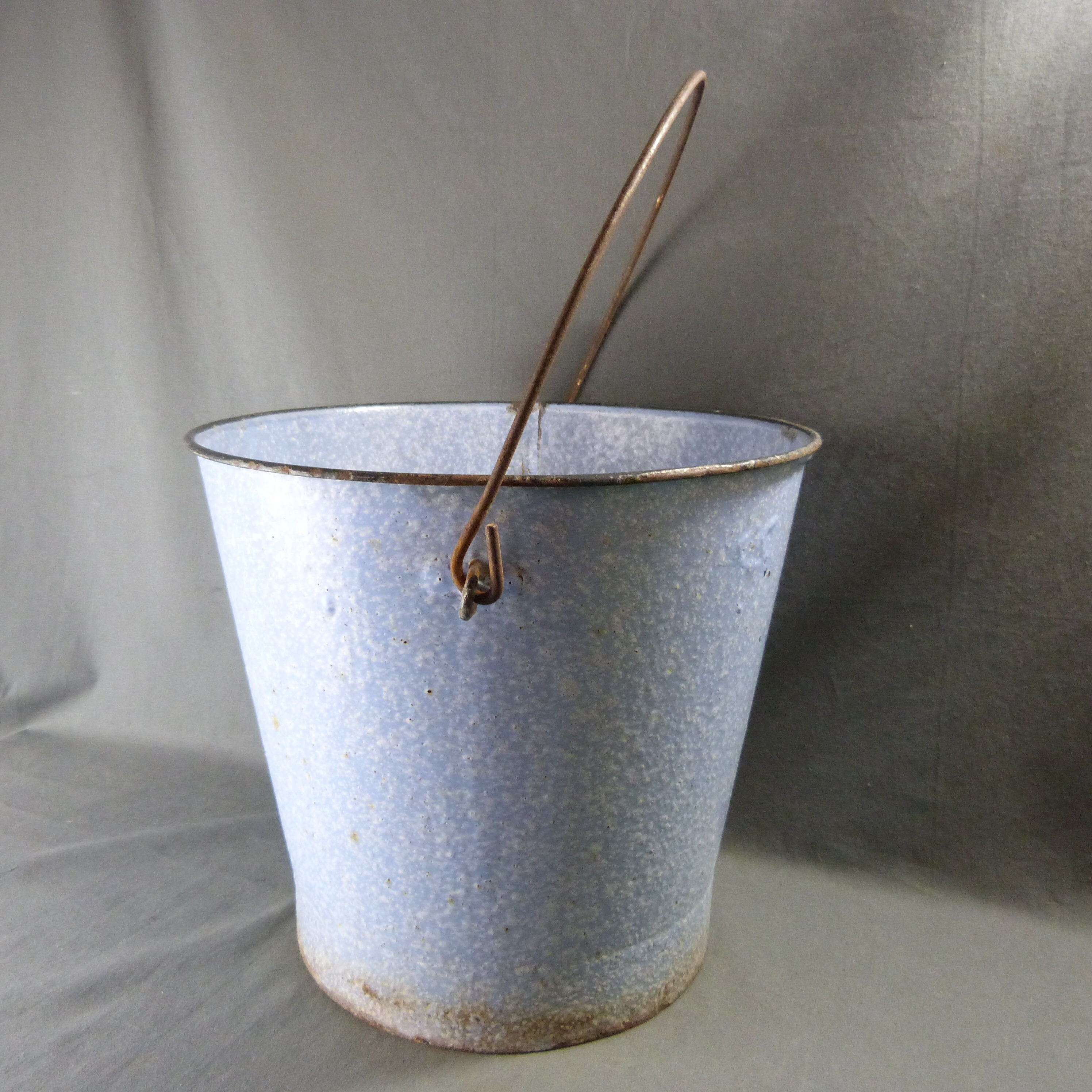 Old Rustic French Bucket in Blue & White Marbled Enamel