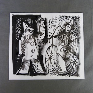 May include: Black and white ink drawing of two clowns. One clown is wearing a hat and holding a bicycle. The other clown is wearing a hat and a large, round collar.