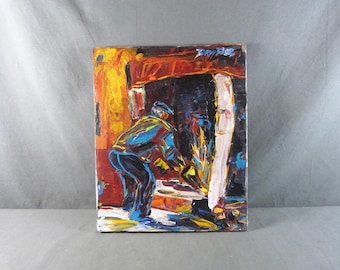 May include: An original oil painting depicting a figure in a blue jacket and pants working with fire. The artwork features bold brushstrokes and a vibrant color palette of blues, yellows, and reds. The artist's signature is visible in the upper right corner.