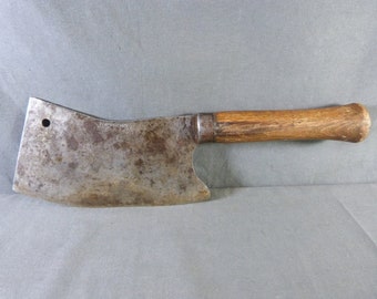 Cuchillo de carnicero francés antiguo de acero forjado y mango de madera