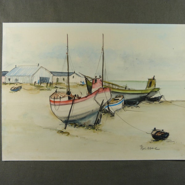 Marine Aquarelle Bateaux à marée basse signé BESSAC