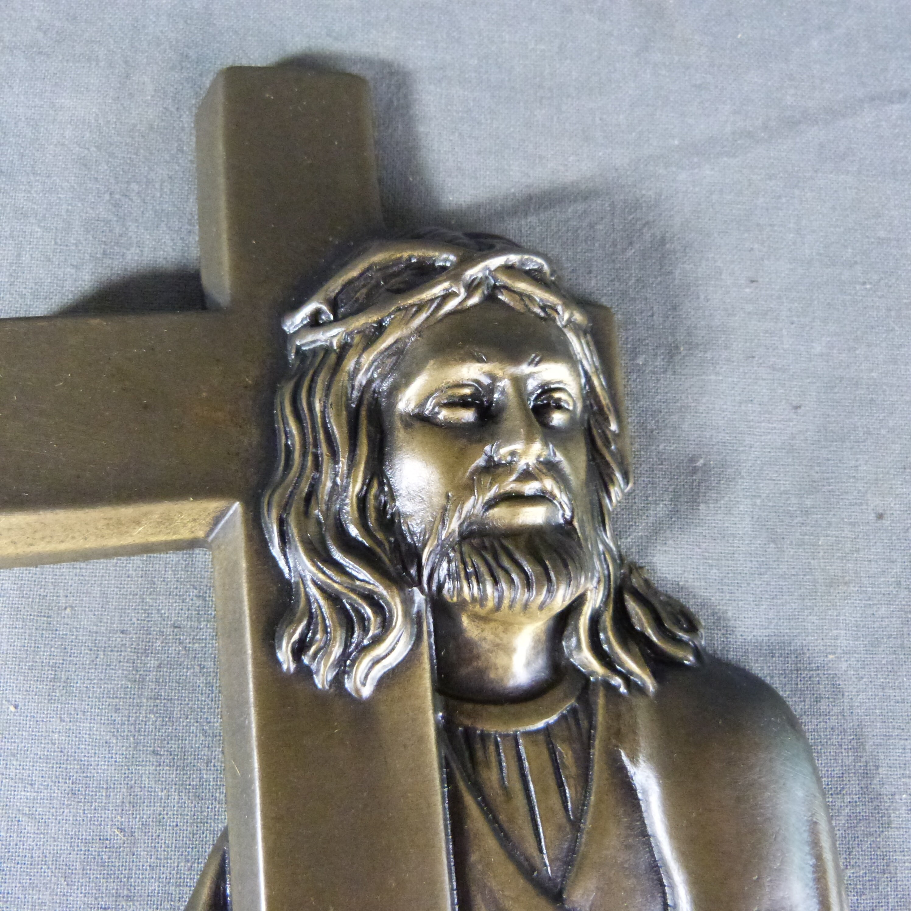 French Vintage Bronze Religious Plaque Jesus Christ Cross Ca.1950's 7.5 Tall