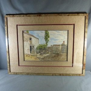Superbo acquerello firmato J. MICHEL, "Farmyard" magnifica cornice