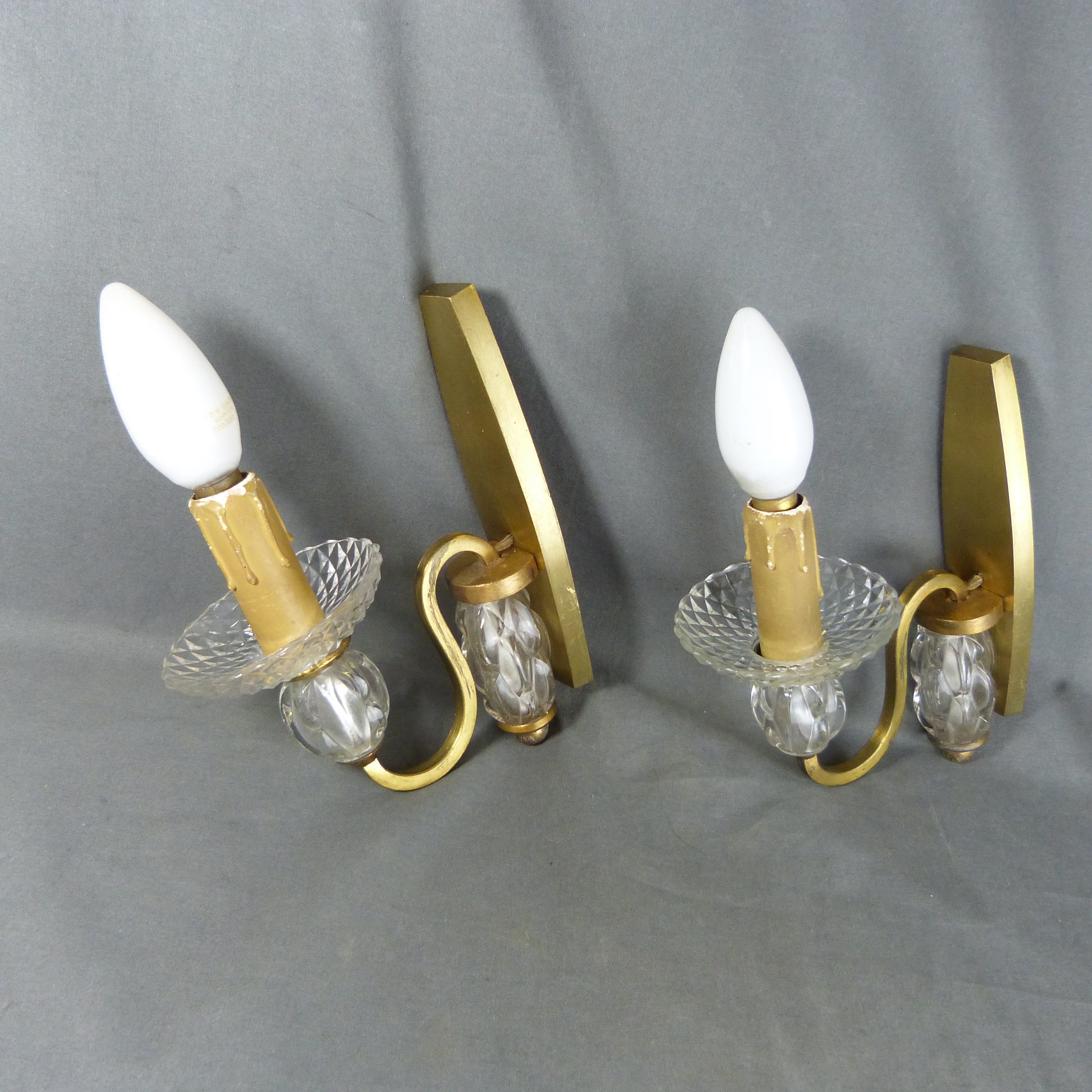 Pair Of French Vintage Brass & Glass Candle Wall Sconces Lights