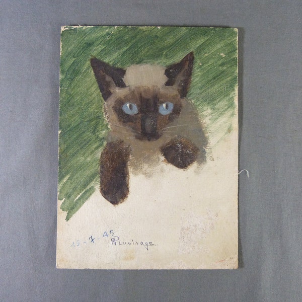 René PLUVINAGE (1902-1983) Tableau Huile sur carton toilé Le Chat