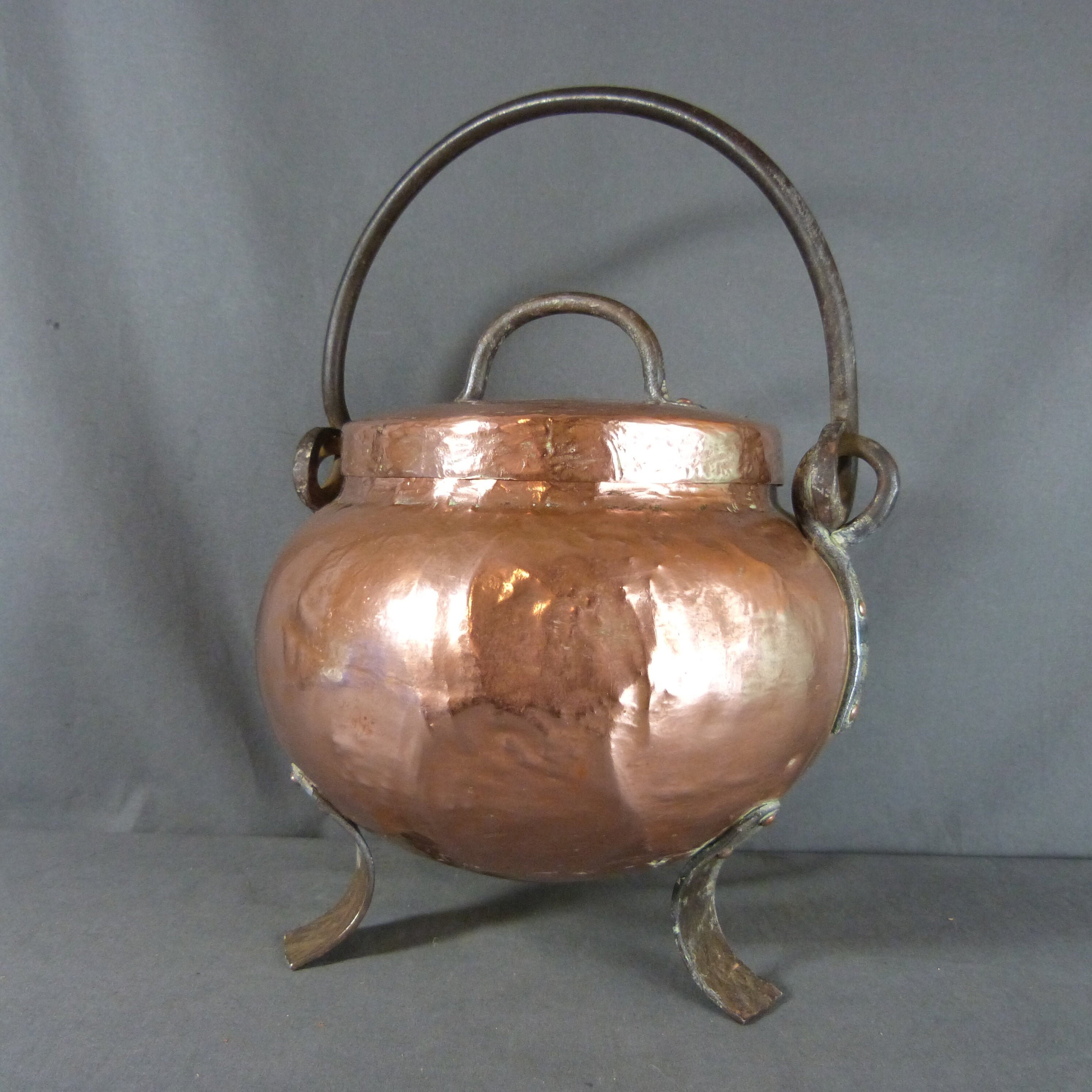 Antique French Dovetailed Hammered Copper Pot Cauldron, Iron Handle W/Lid
