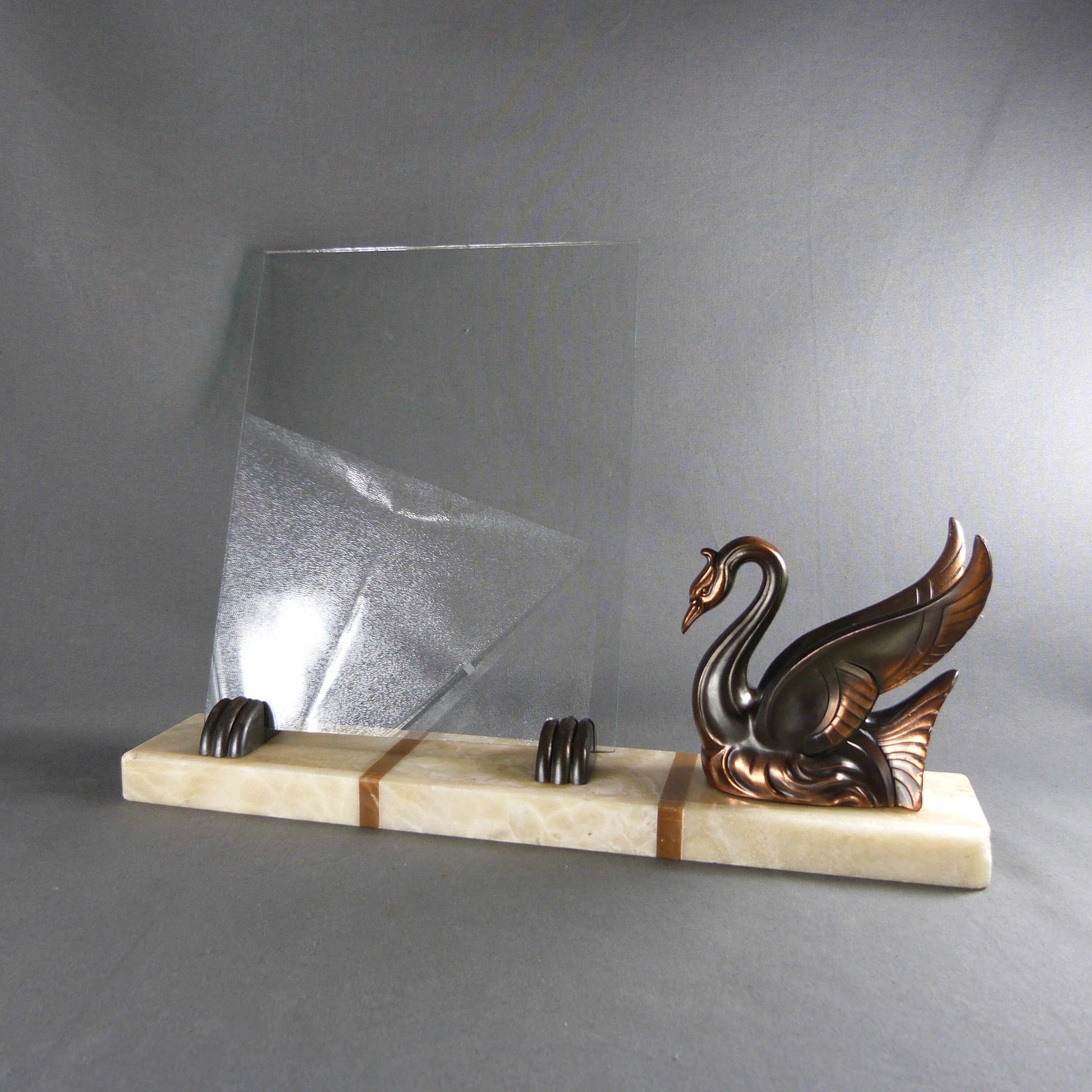 French Art Deco Bronzed Spelter Sculpture Gilded & Green Swan Mounted On Marble