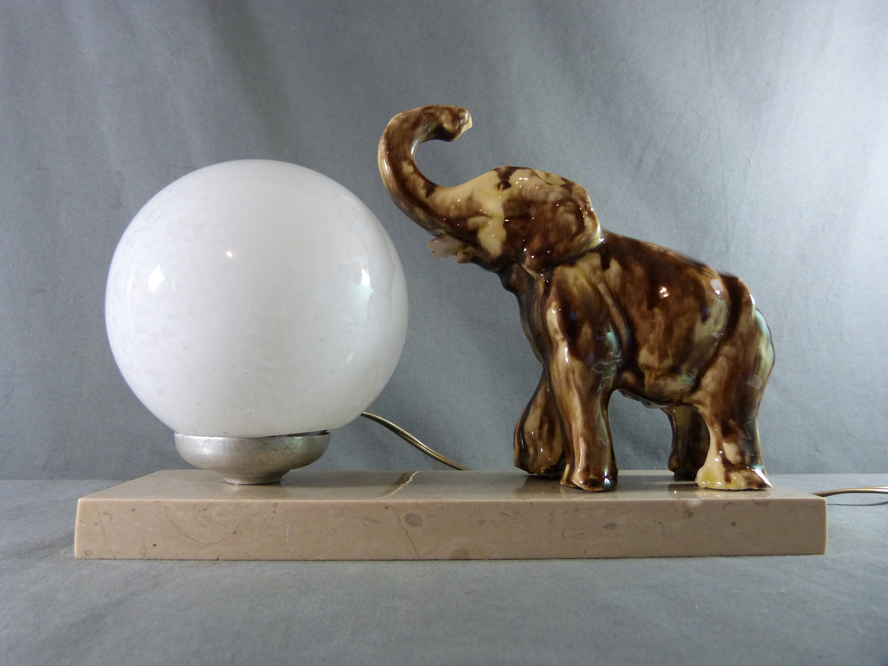 French Art Deco Ceramic Elephant Night Light on Marble Base Bedside Lamp Opaline Globe Ca.1930s Etsy