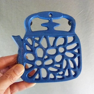 French Vintage Massive Cast Iron Enamel Blue Trivet teapot shape