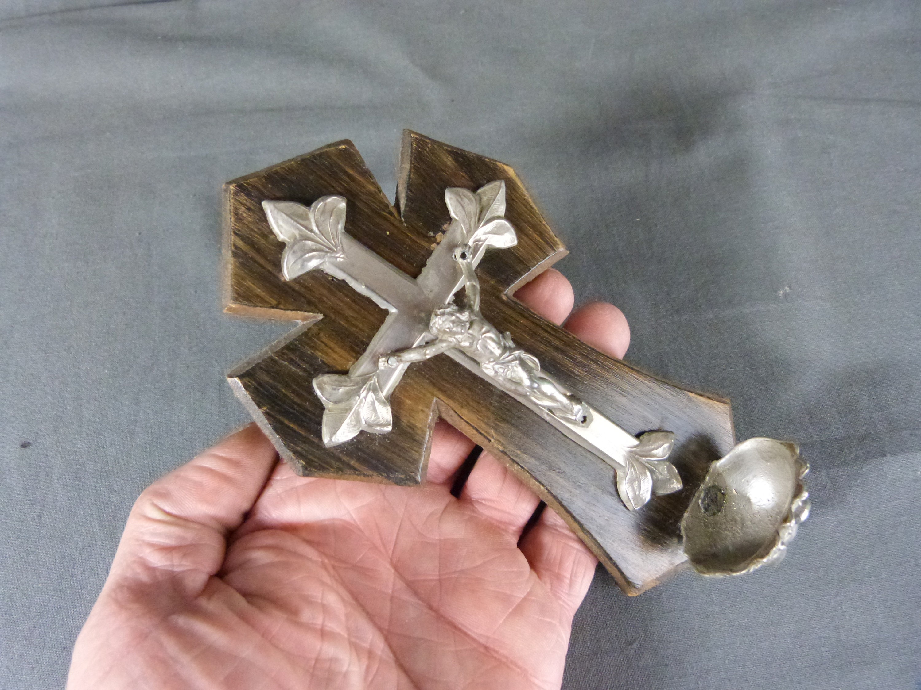 French Antique Wood & Metal Holy Water Font Jesus On The Cross