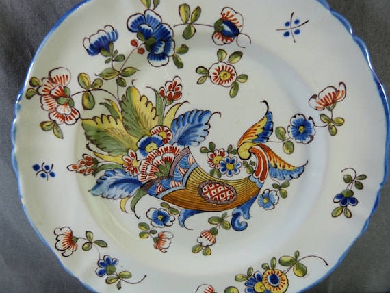 Assiette & Soucoupe Faïence Saint-Clément Décor Chinois Peint Main - France - Modèle N196 - Parfait État