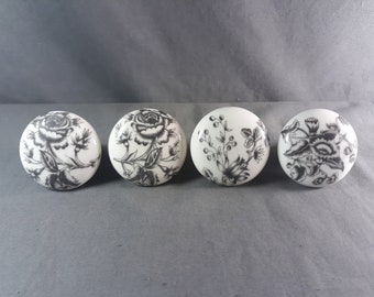 Set of 4 Vintage French Porcelain Door Round Knobs Flowers Porcelain of Paris