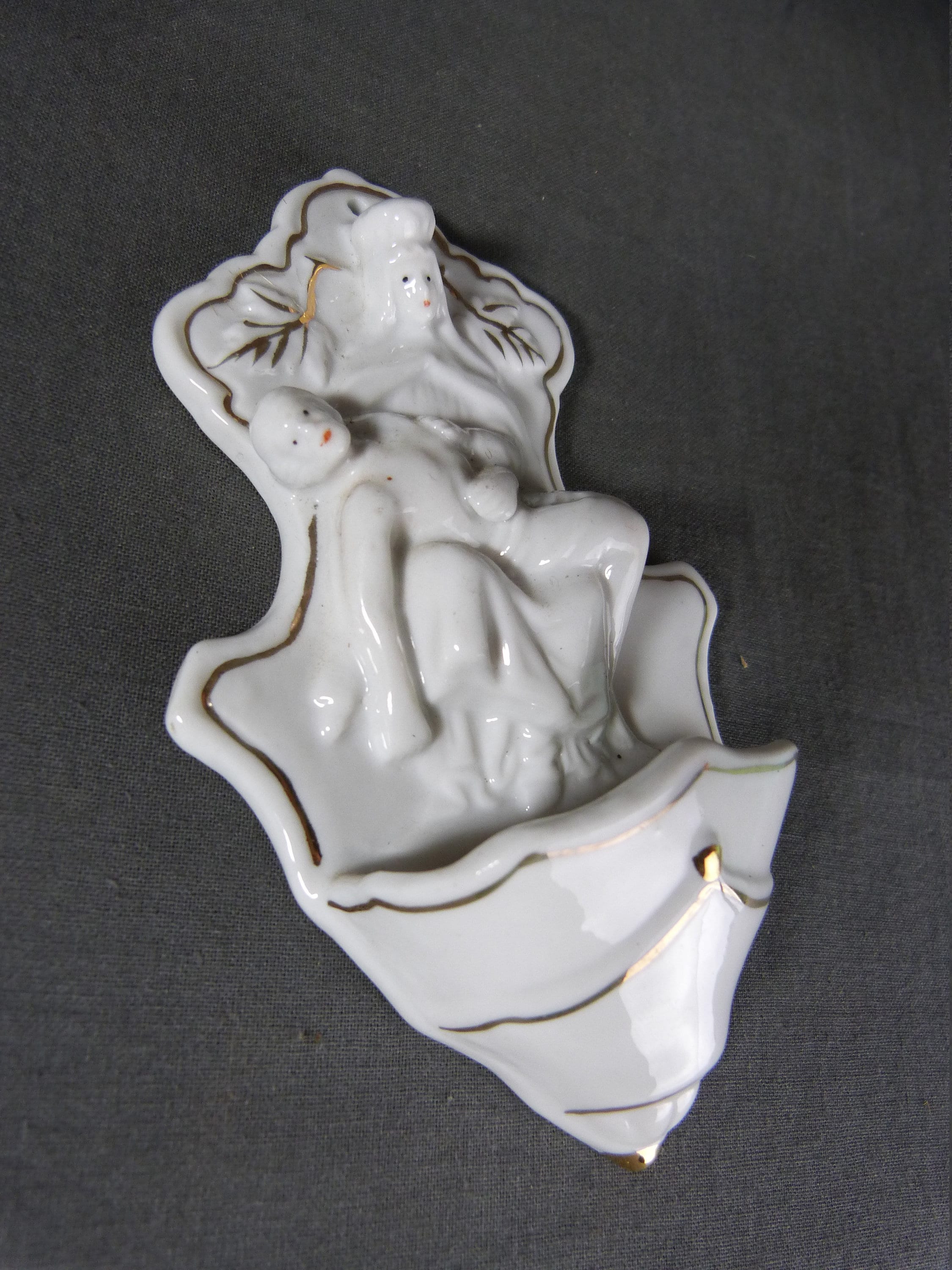 French Antique Faience Holy Water Font With Mater Dolorosa By Neundorf