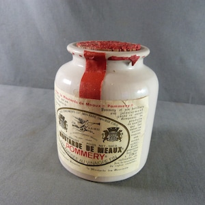 Vintage French enameled stoneware mustard pot with cork stopper and wax, rustic kitchen