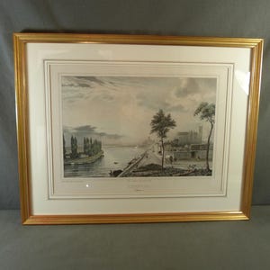 AUXERRE Grande litografia incorniciata sotto vetro, "Les Quays" circa 1830 YONNE